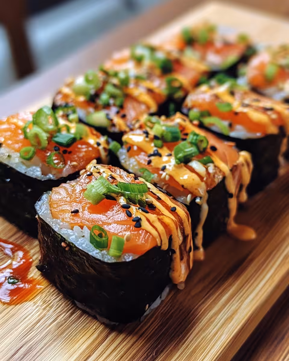 Spicy salmon mixture spread over seasoned sushi rice in baking dish