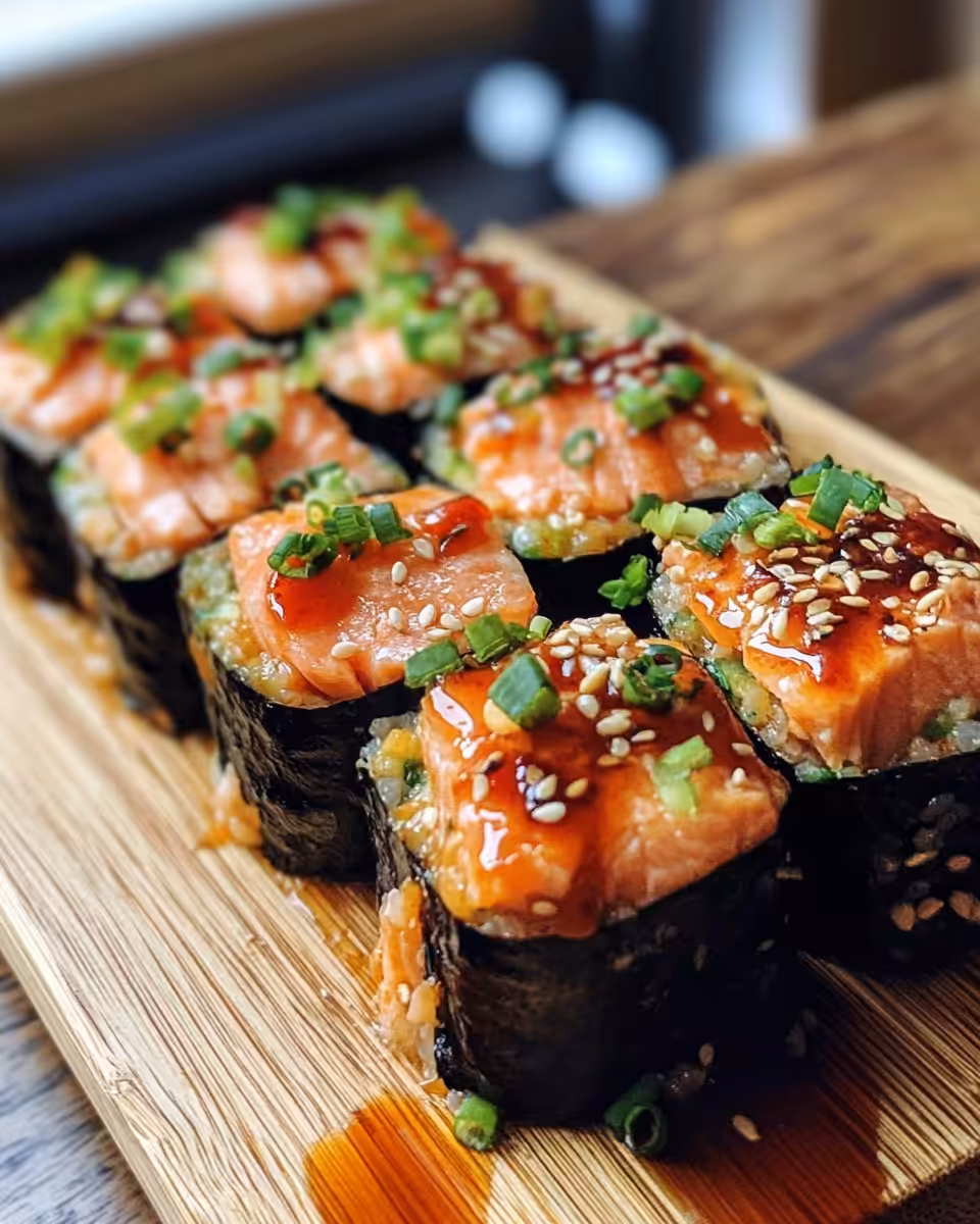 Served spicy salmon sushi bake on plate garnished with avocado and nori