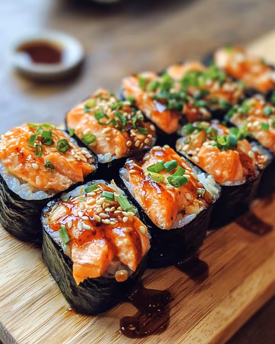 Close-up of spicy salmon sushi bake fresh from oven