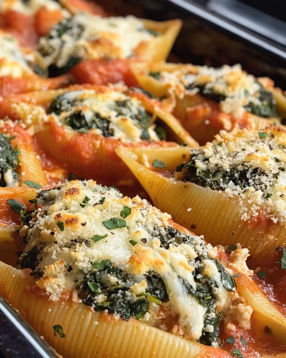 Stuffed pasta shells filled with ricotta and spinach being arranged in baking dish