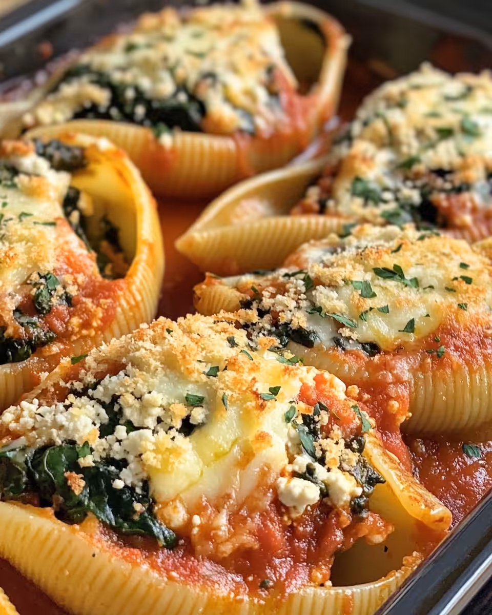 Golden baked spinach and ricotta stuffed pasta shells with melted cheese and fresh basil garnish