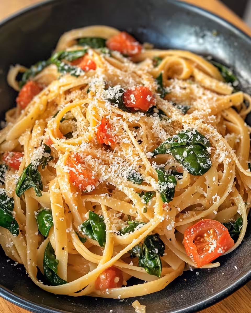 Finished spinach tomato pasta ready to serve