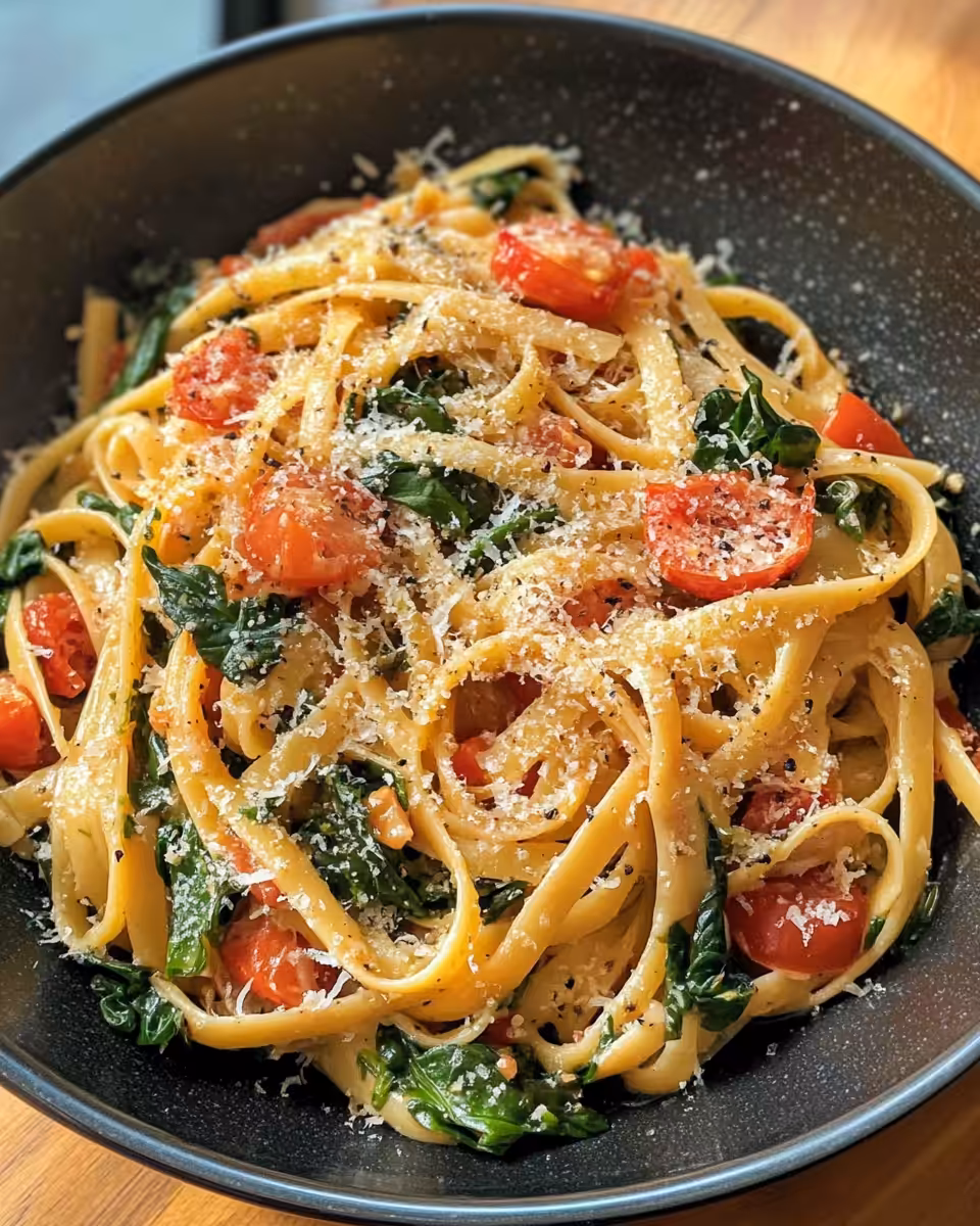 Spinach tomato pasta in a bowl with fresh ingredients