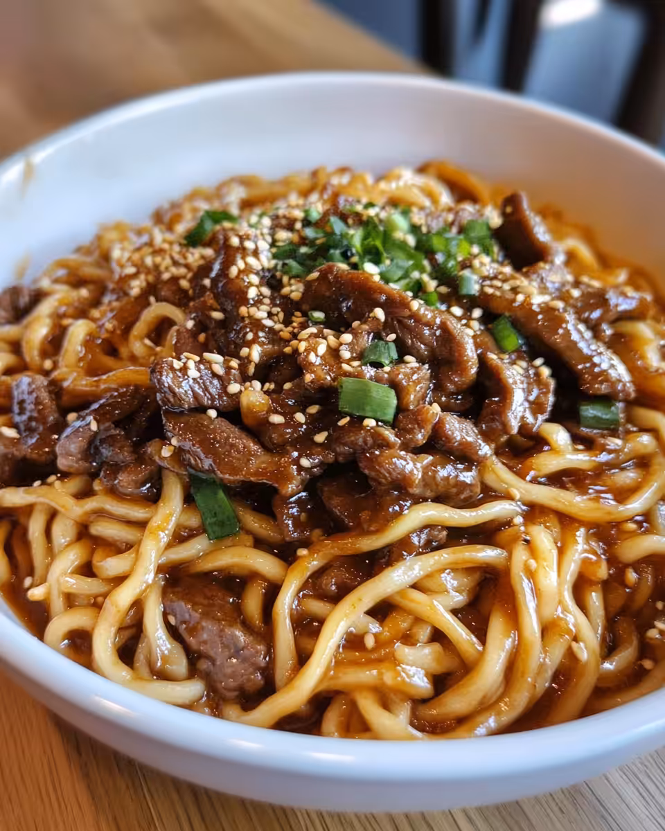 Ingredients for sticky beef noodles including broccoli, mange tout, and sauce mix