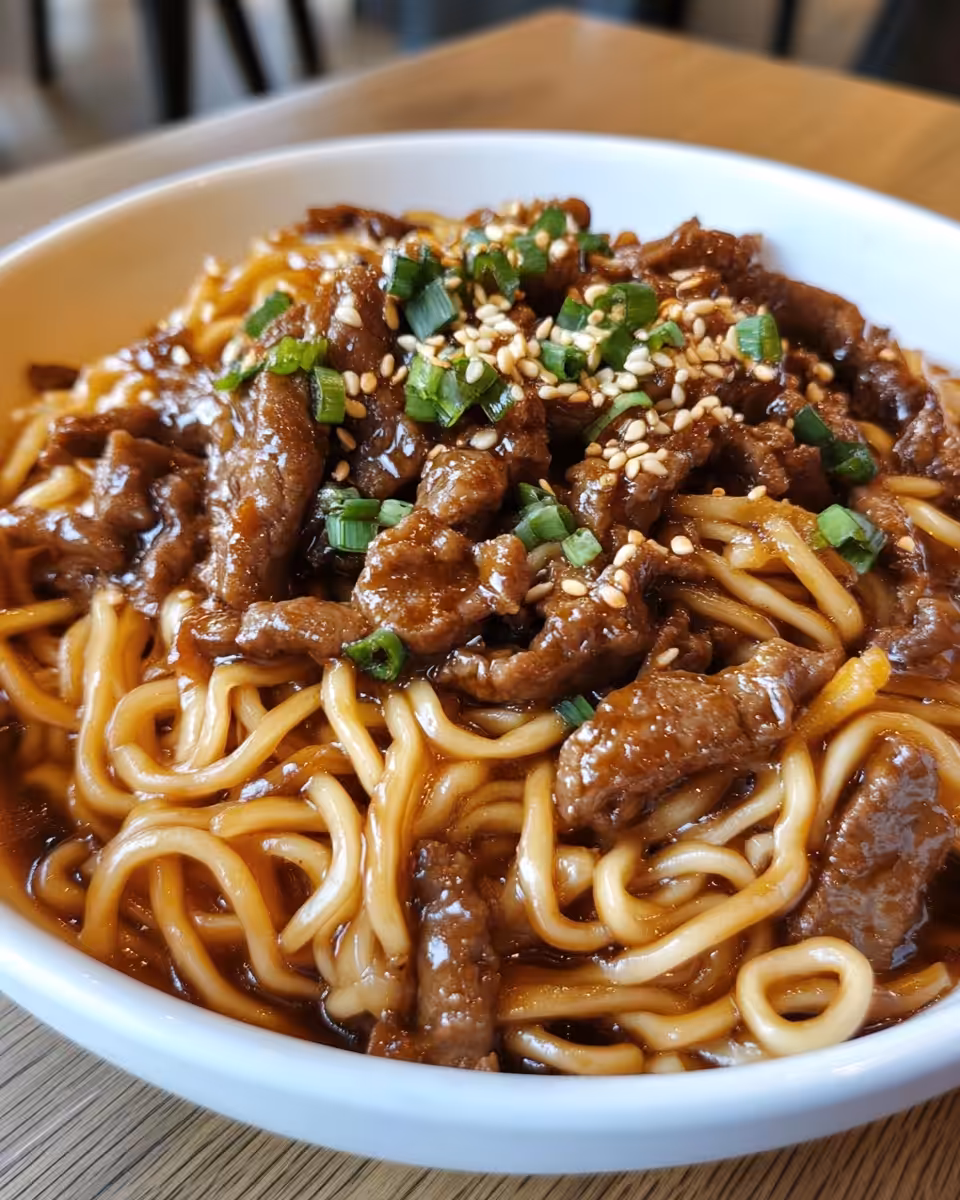 Sticky beef noodles served with fresh spring onions on top
