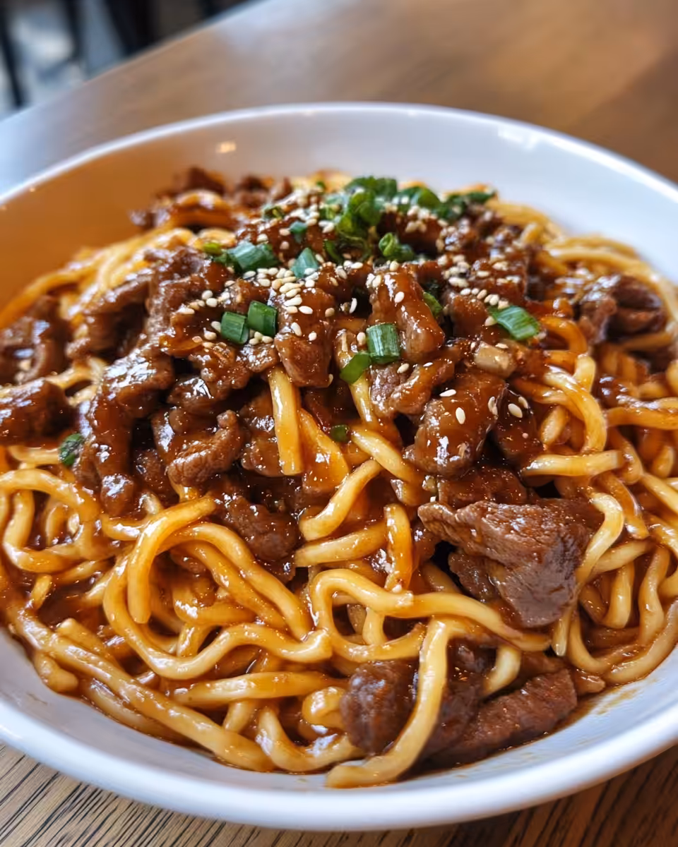 Sticky beef noodles cooking in pressure cooker filling kitchen with rich aroma