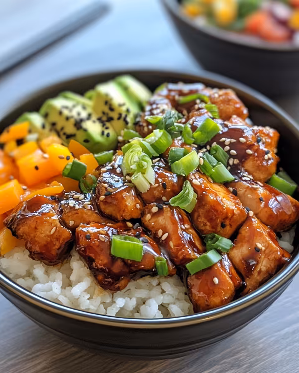 Ingredients for sticky chicken bowls including Thai chili sauce and lime juice