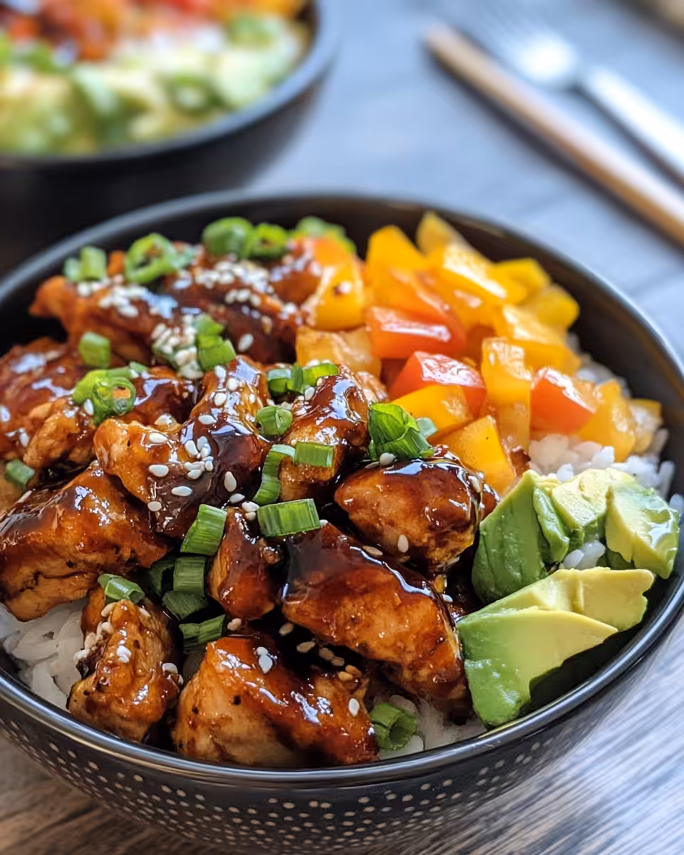 Tender sliced sticky chicken served over jasmine rice with garnishes