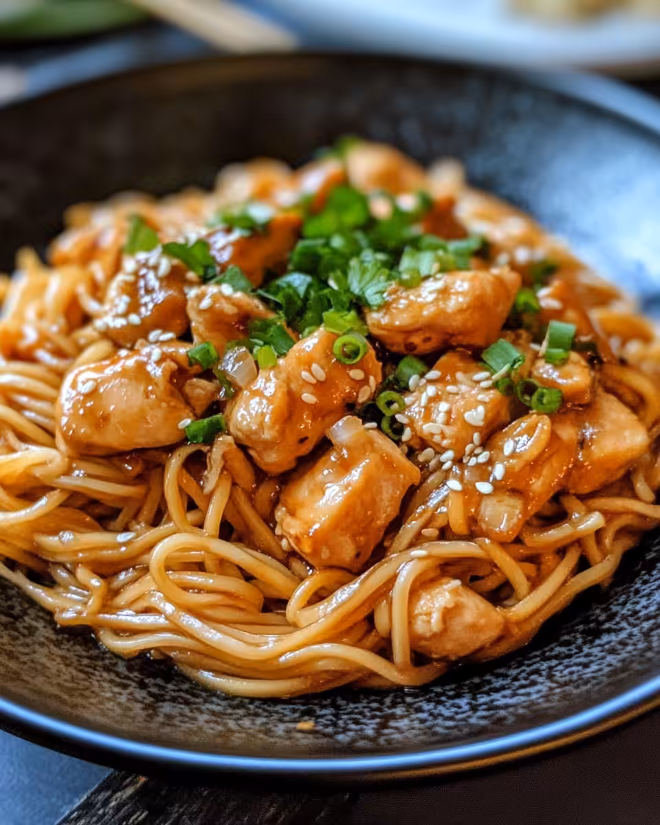 Serving of sticky garlic chicken noodles with garnish fresh from Instant Pot