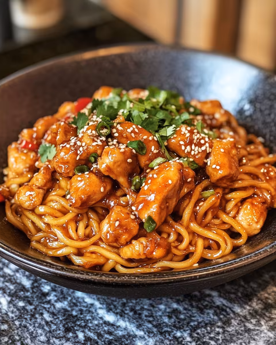 Chicken and noodles tossed in spicy garlicky sauce in skillet