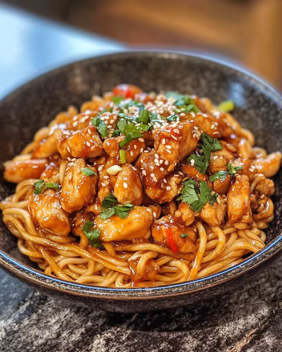 Serving plate with sticky garlic chicken noodles garnished with scallions and sesame seeds