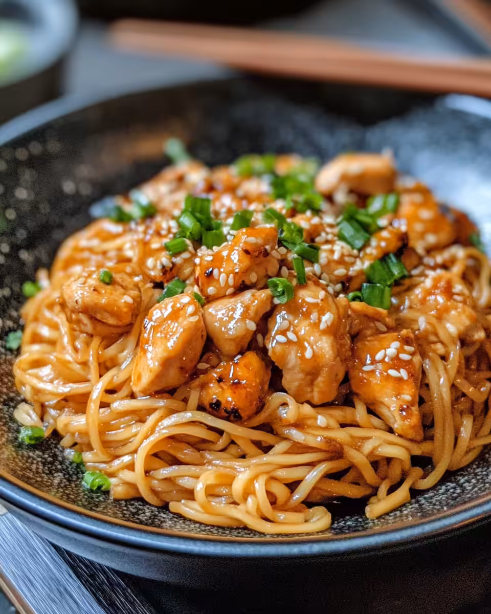Sticky garlic chicken noodles freshly cooked in Instant Pot