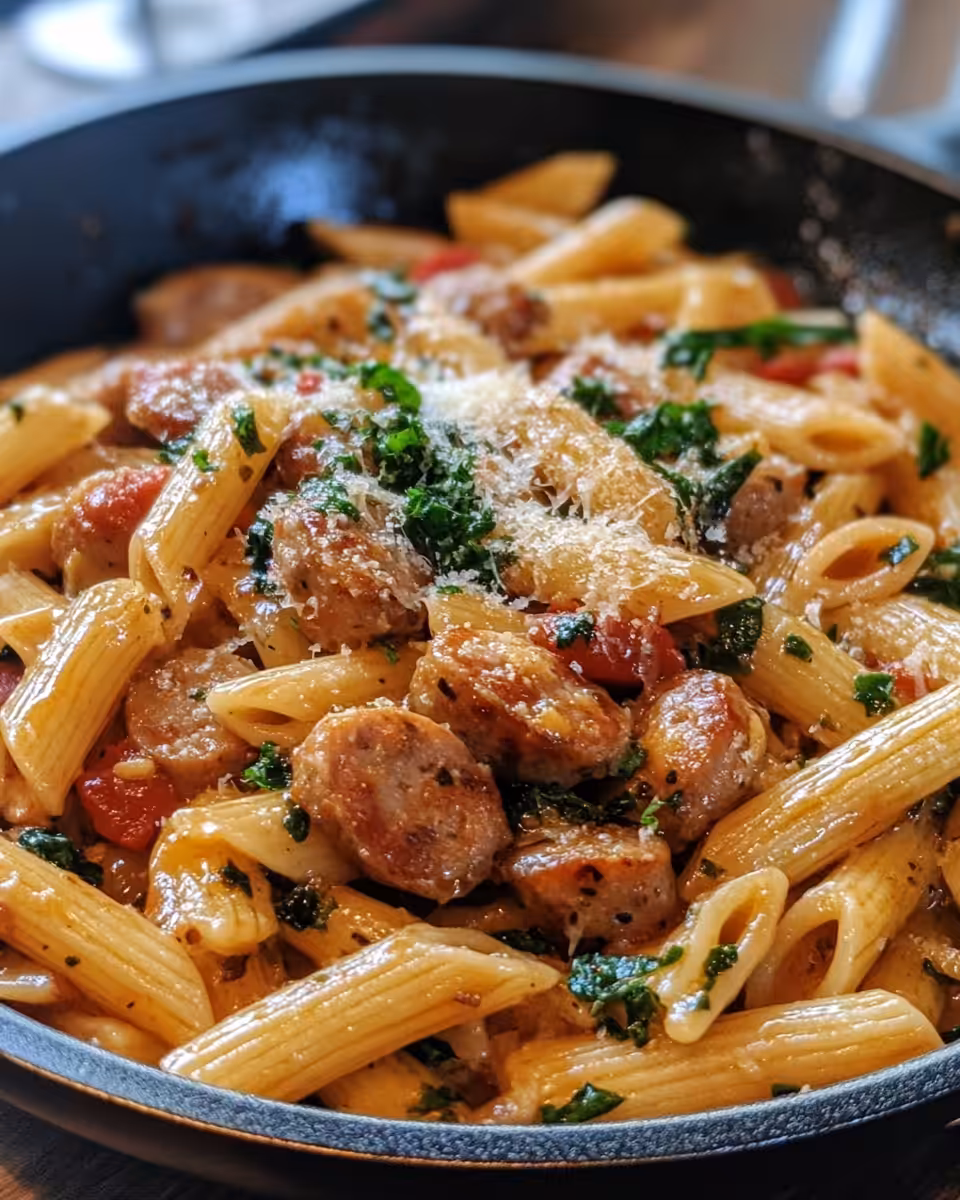 Sticky honey garlic sausage pasta skillet with honey glaze
