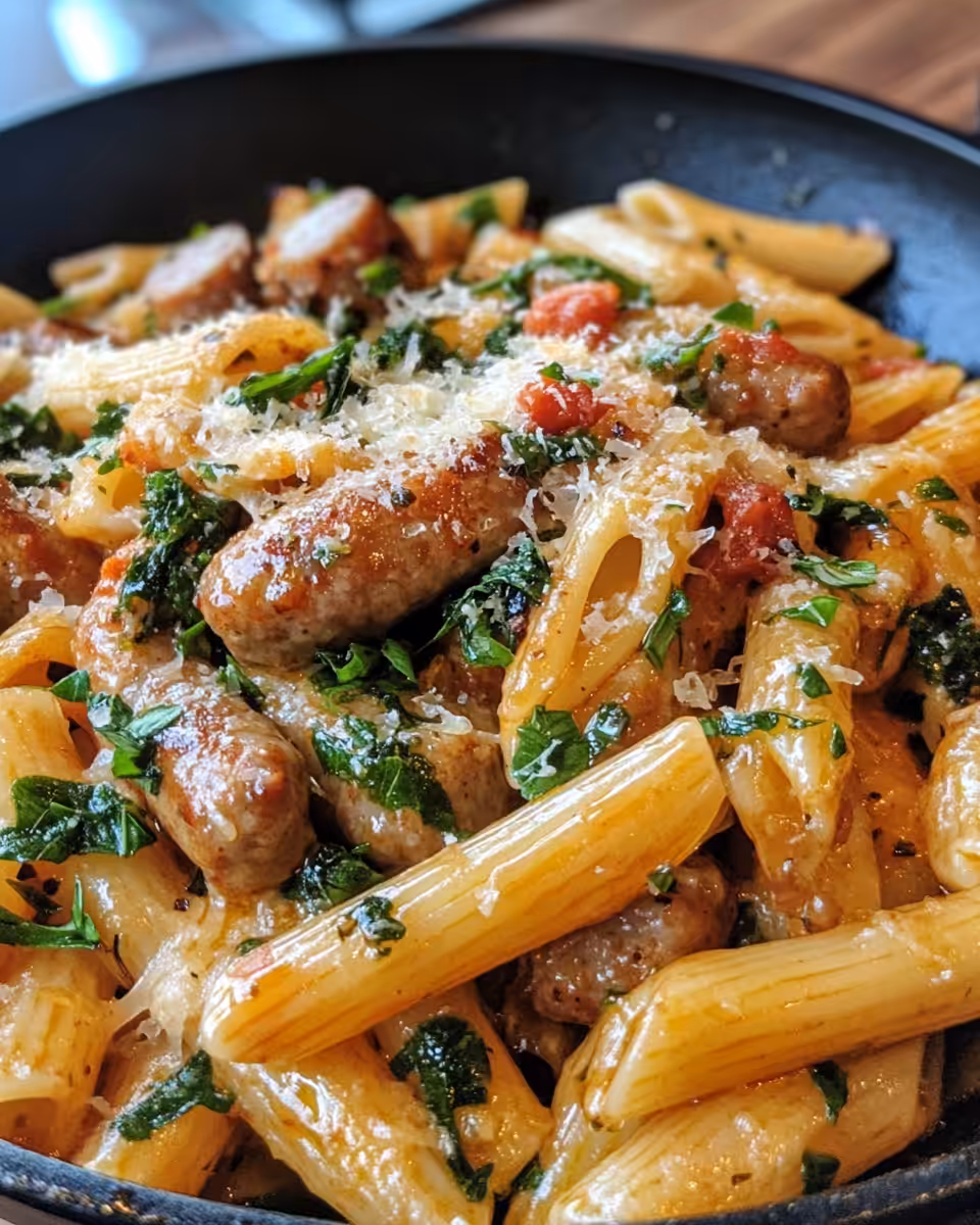 Served sticky honey garlic sausage pasta garnished with green onions
