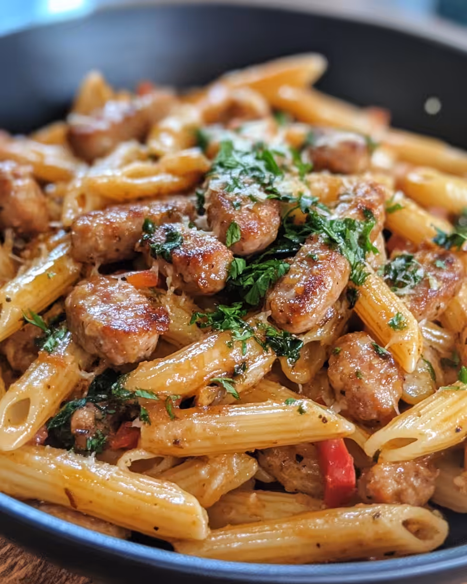 Sticky honey garlic sausage pasta in pressure cooker skillet