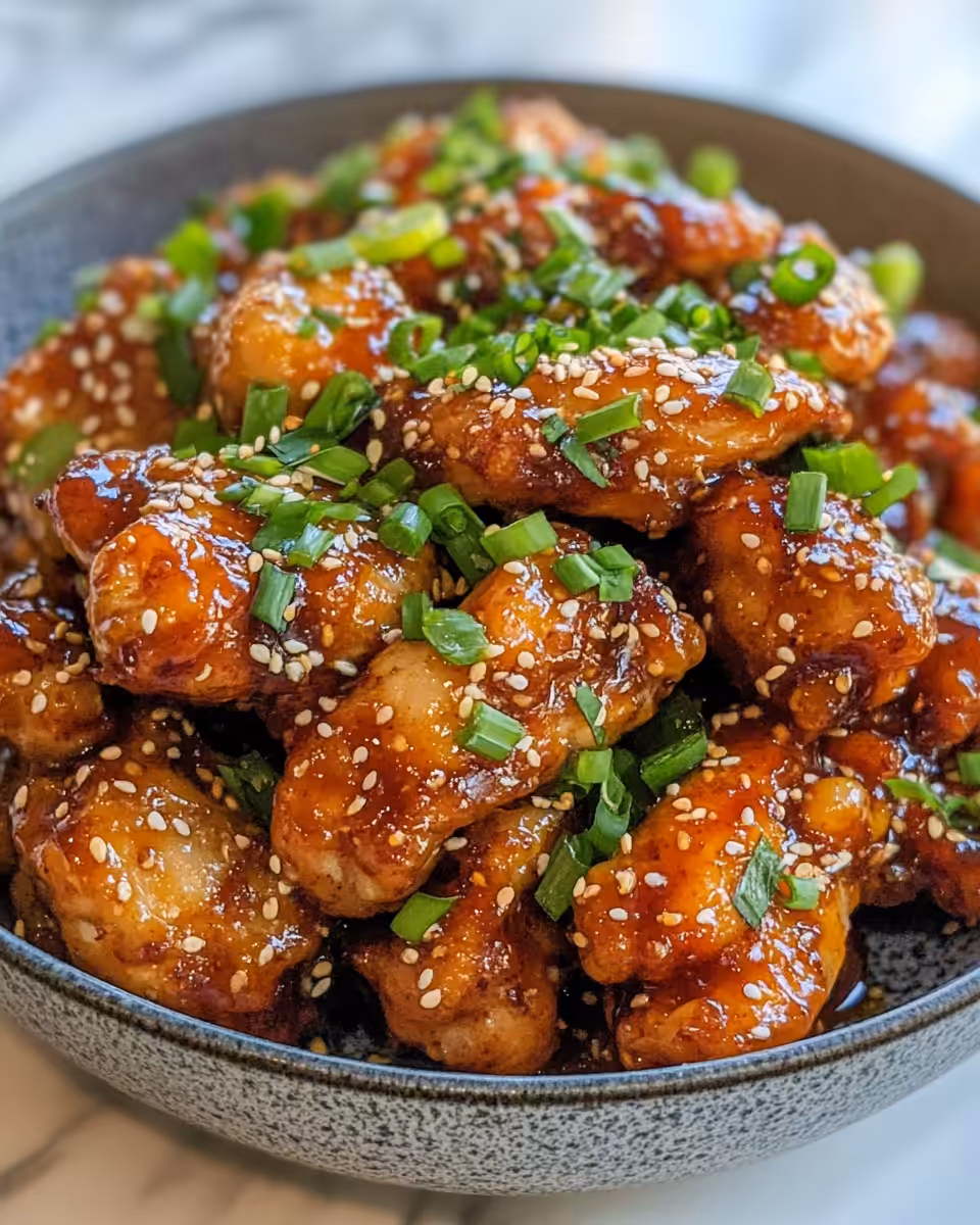 Finished sticky honey gochujang chicken served with rice and garnished