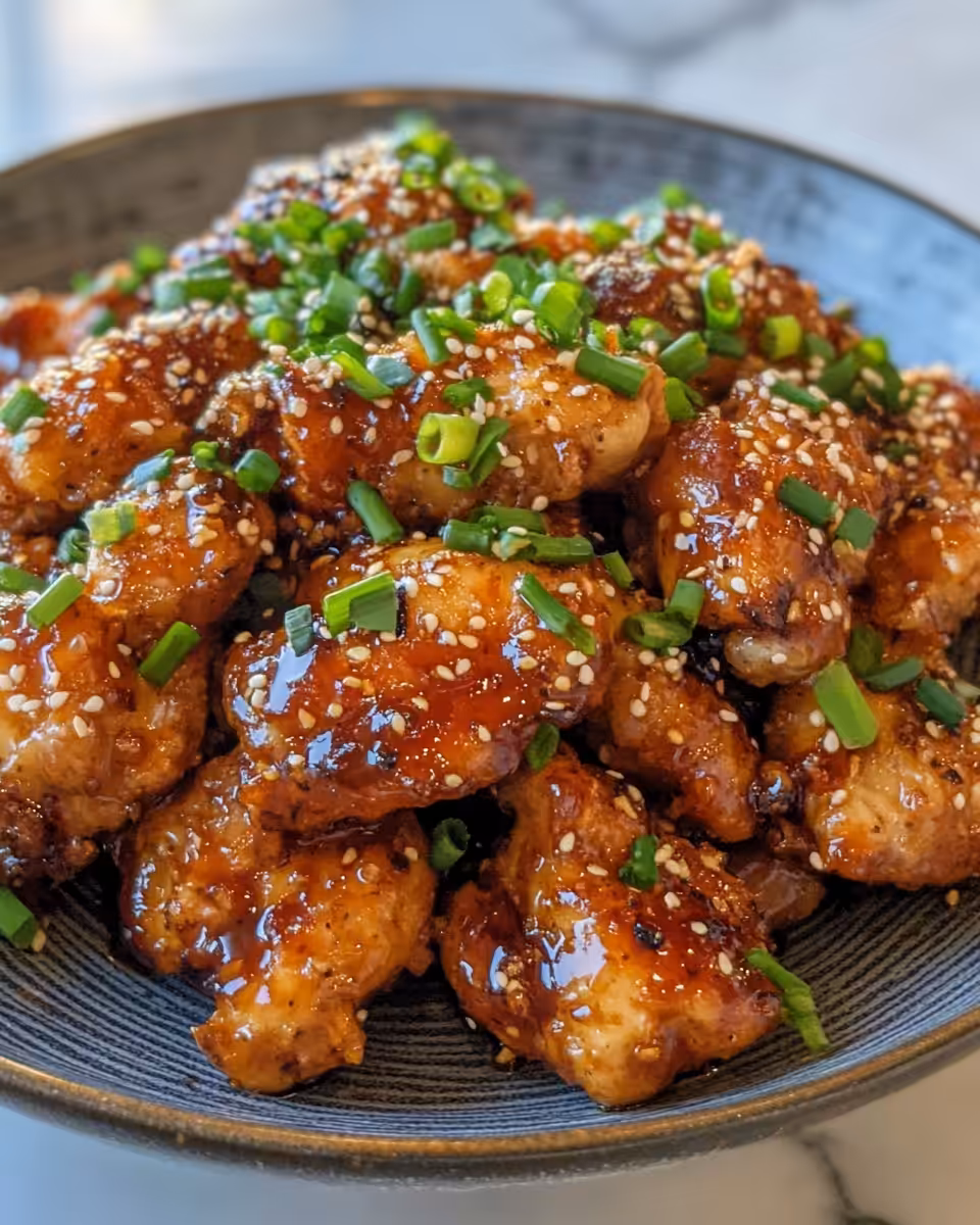 Sticky honey gochujang chicken cooking in the pot with steam rising