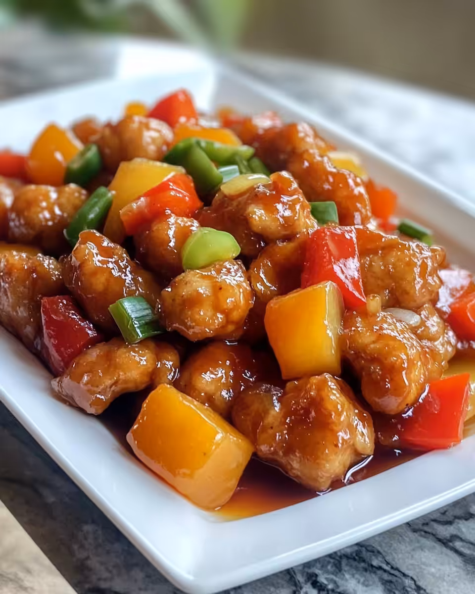 The final sweet and sour chicken plated and ready to serve