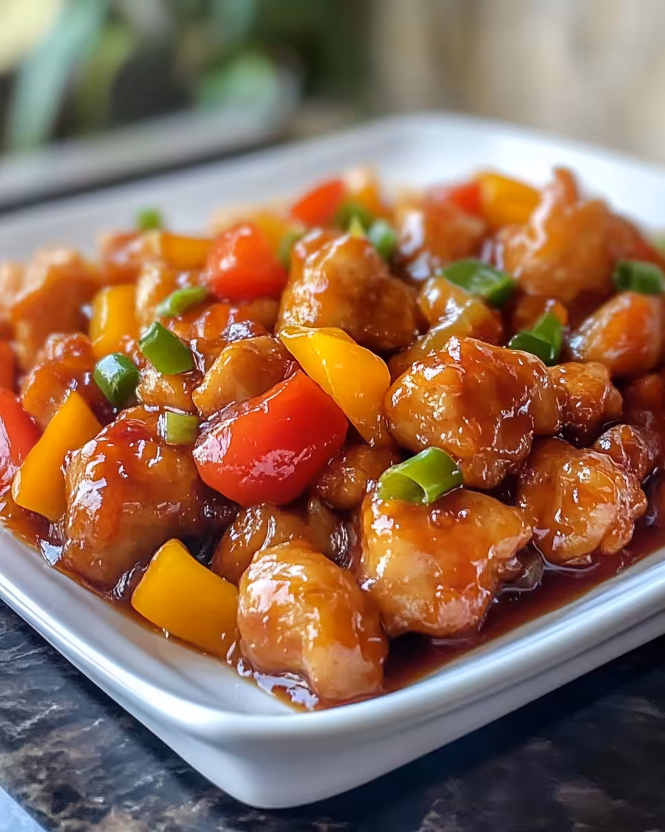 Sweet and sour chicken cooking in the skillet, beginning the recipe