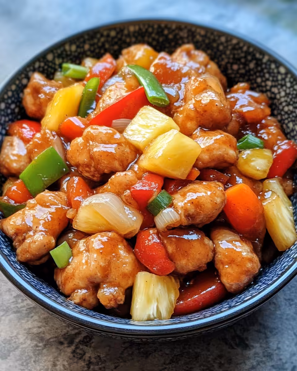 Plated sweet and sour chicken with pineapple and garnishes