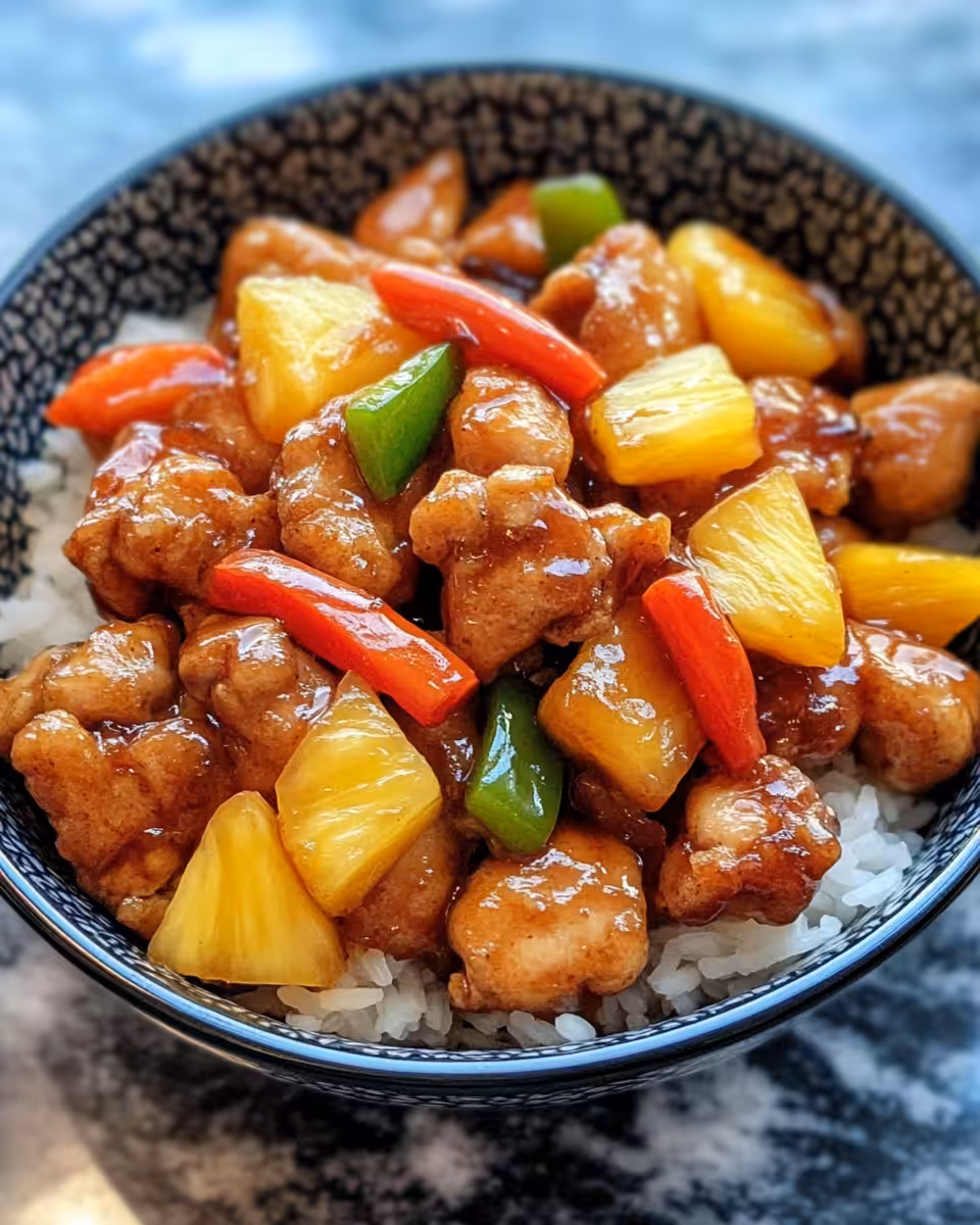 Sweet and sour chicken simmering in pressure cooker with pineapple