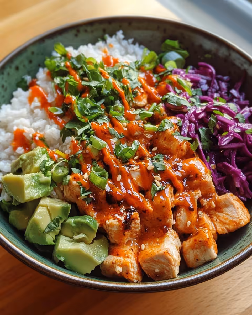 Ingredients for sweet chili chicken bowl with fresh colorful veggies