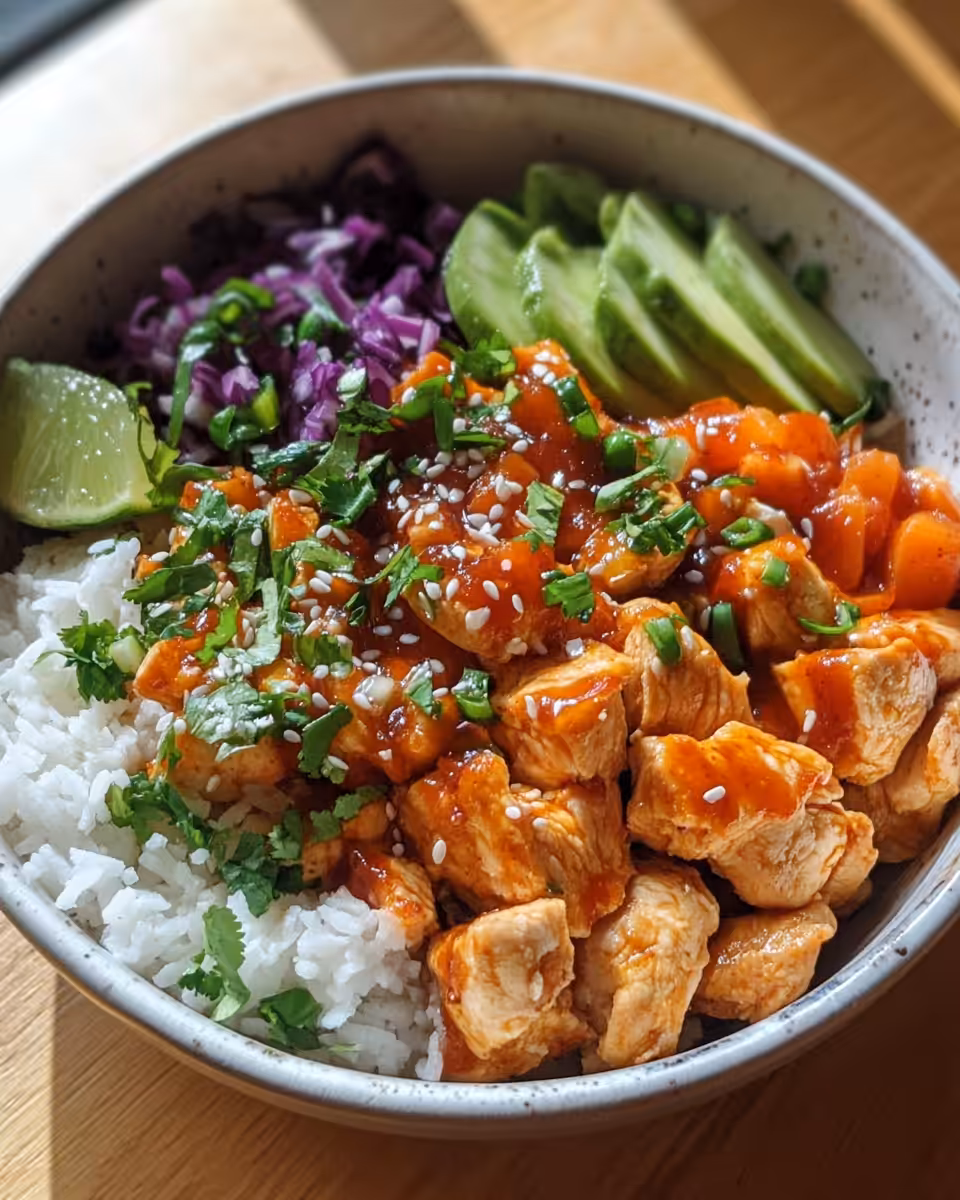 Assembled sweet chili chicken bowl served with coconut lime drizzle and fresh cilantro
