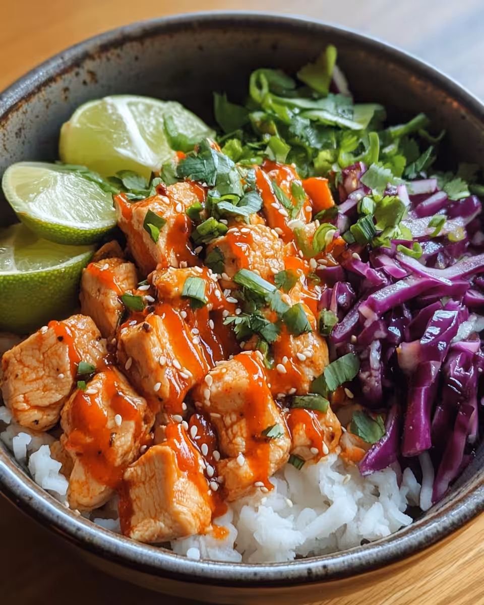 Sweet chili chicken bowl with coconut lime drizzle fresh and vibrant