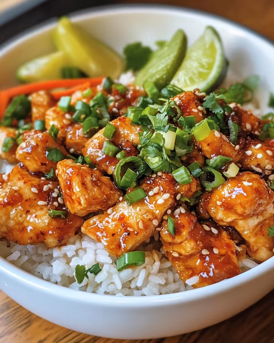 Ingredients for sweet chili chicken rice bowls prepared and ready