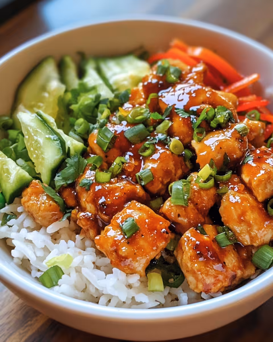 Cooked sweet chili chicken rice bowl served with fresh vegetables