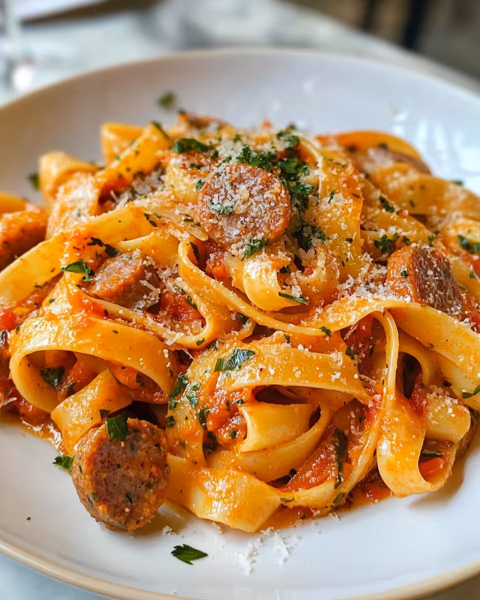 Ingredients and preparation of sweet pepper sausage pasta in a skillet