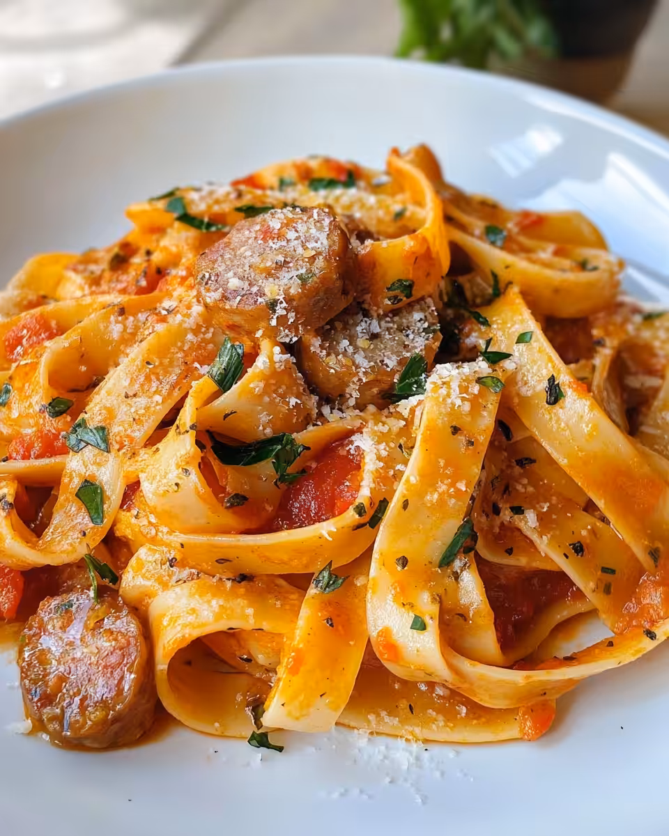 Delicious plated sweet pepper sausage pasta garnished with fresh herbs