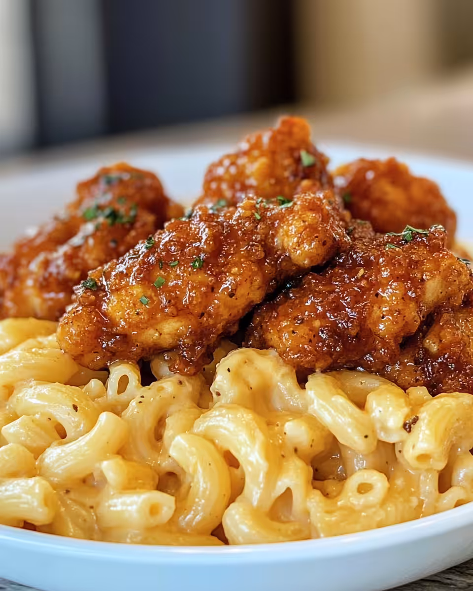 Serving honey pepper chicken with creamy 4 cheese mac topped with crispy bacon and parsley