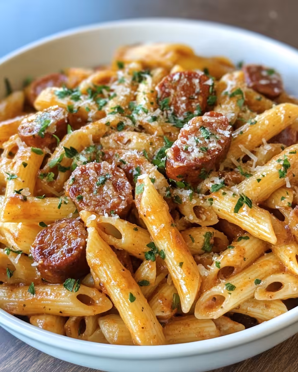Serving of sweet tangy BBQ smoked sausage pasta with fresh parsley garnish