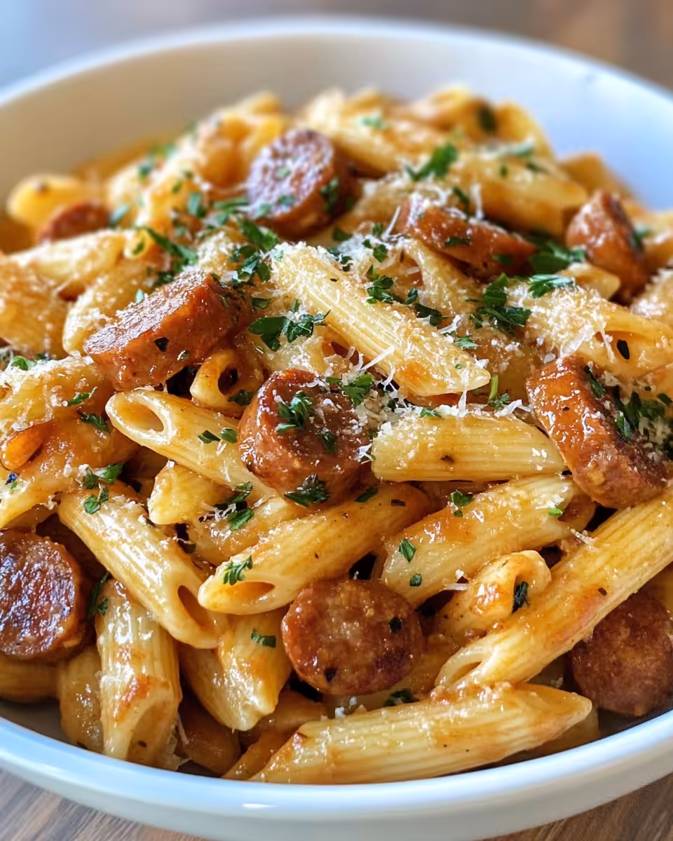 Close up of sweet tangy BBQ sausage pasta in pressure cooker