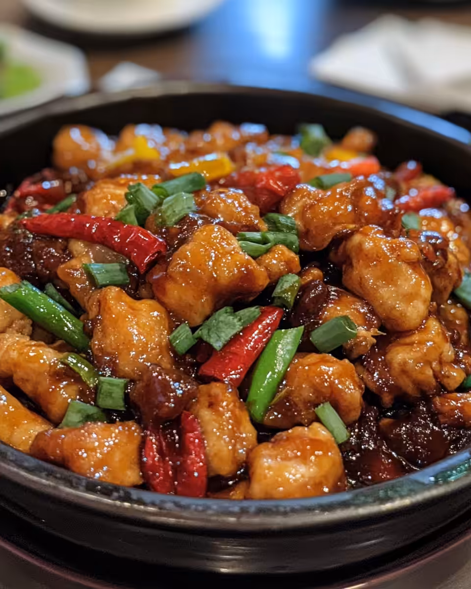 Plated Szechuan chicken served with jasmine rice and garnished with scallions