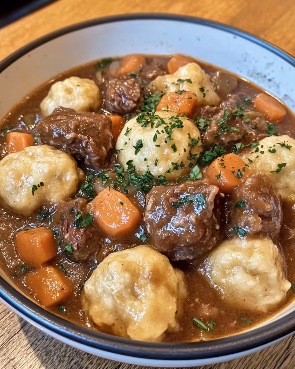 Finished beef stew with cheddar herb dumplings served in bowl ready to eat