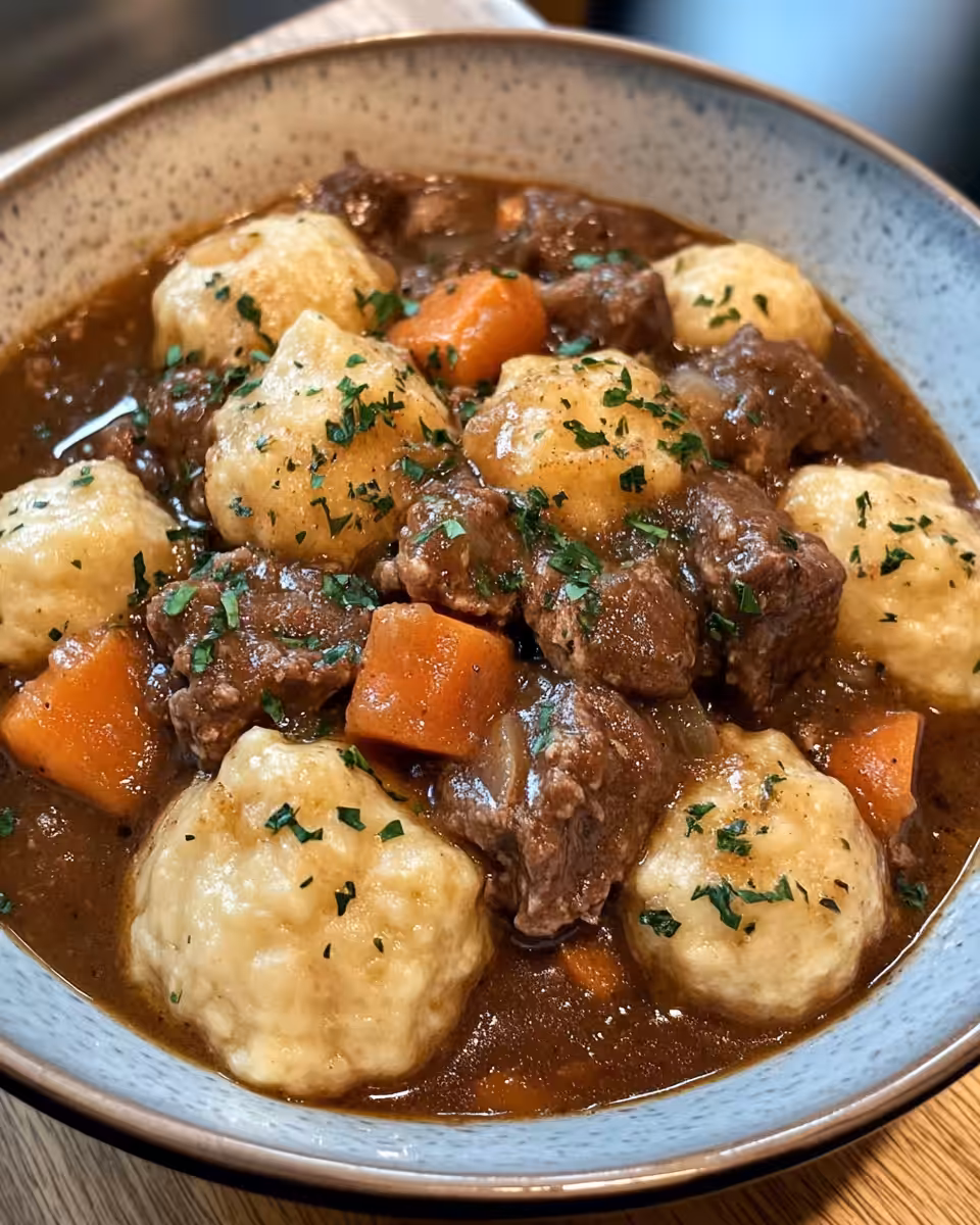 Pressure cooker stew simmering with cheddar herb dumplings on top