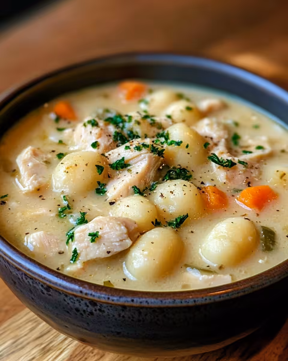 Served bowl of creamy chicken gnocchi soup with spinach garnish
