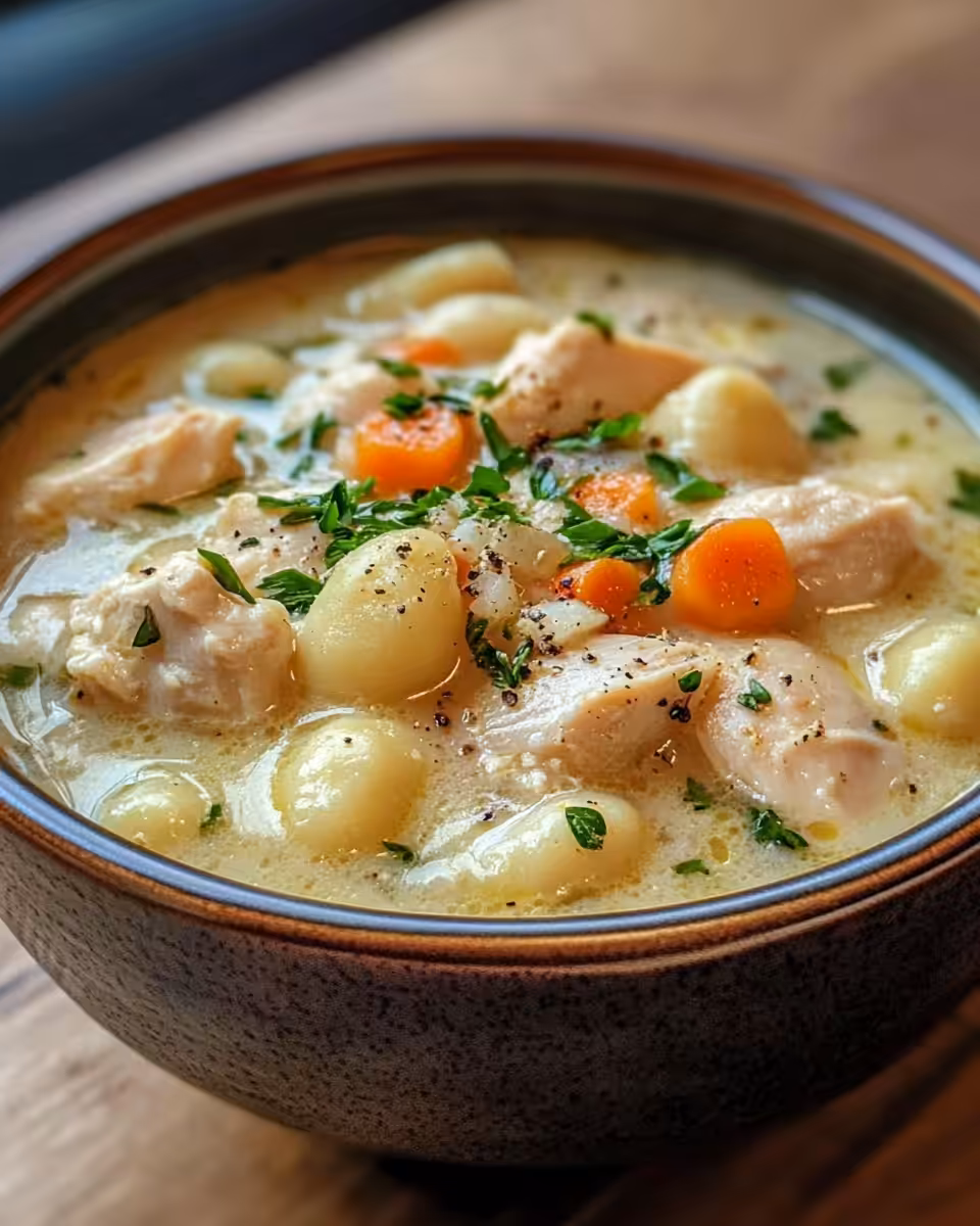 Steam rising from chicken gnocchi soup in pressure cooker