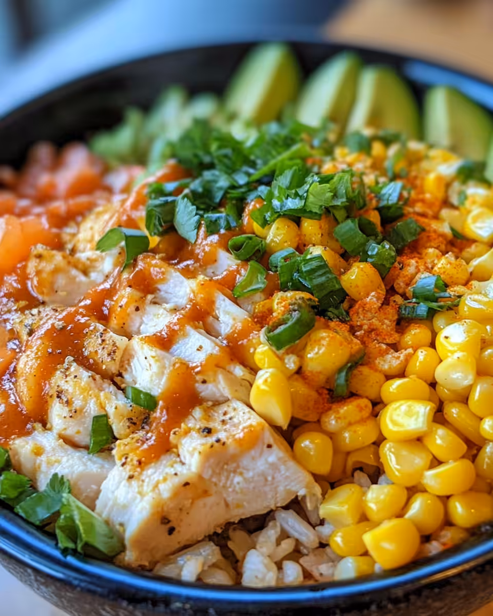 Finished street corn chicken rice bowl with toppings served warm