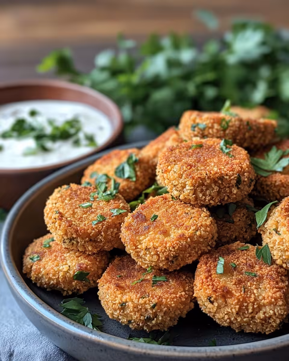 Crispy golden vegan chickpea nuggets on a serving plate