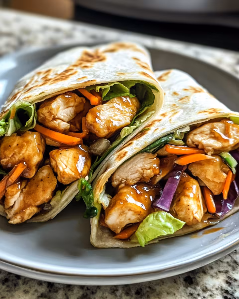 Ingredients laid out for chicken wraps including fresh veggies and sauces