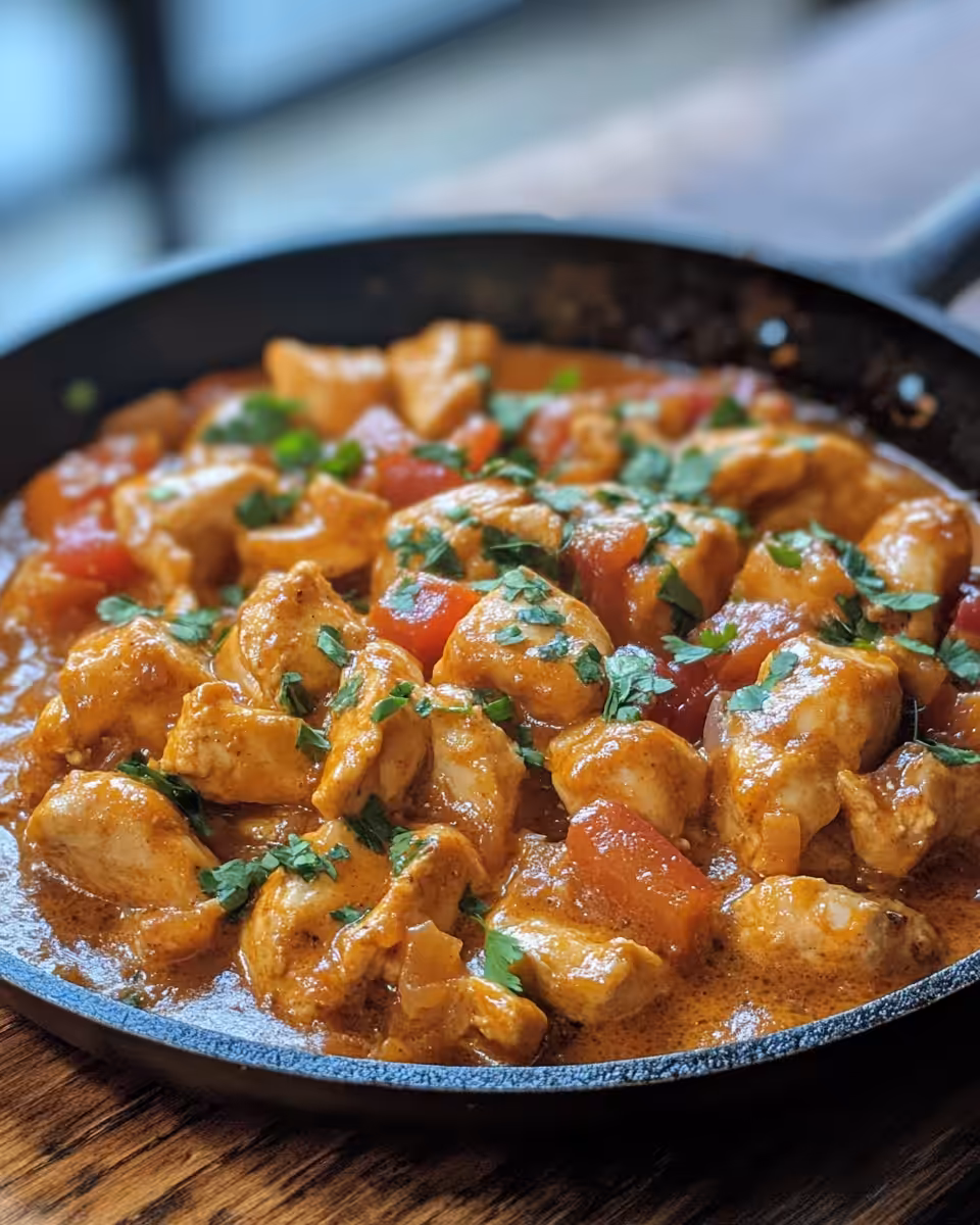 Final plated butter chicken skillet garnished with parsley
