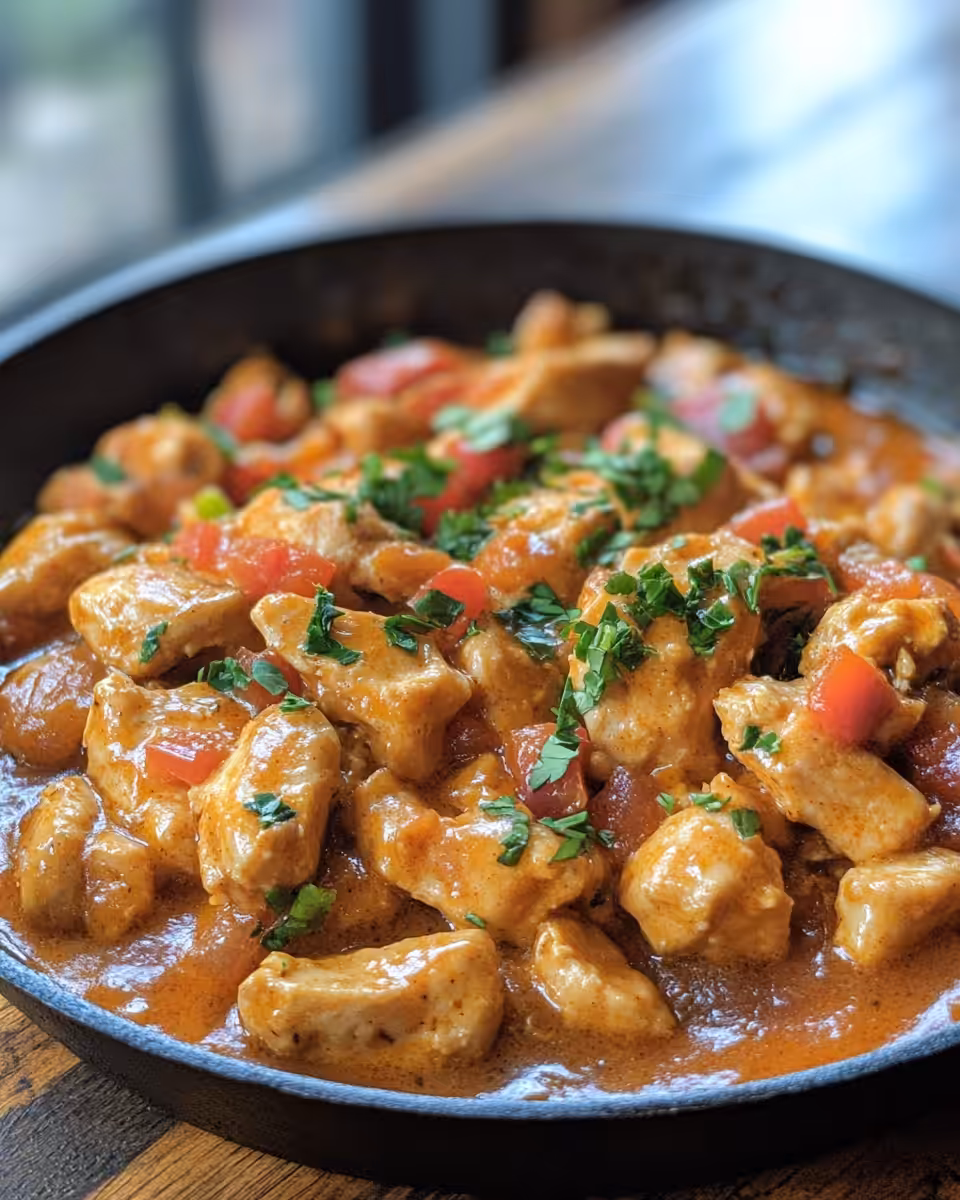 Steam rising from skillet with butter chicken bites cooking