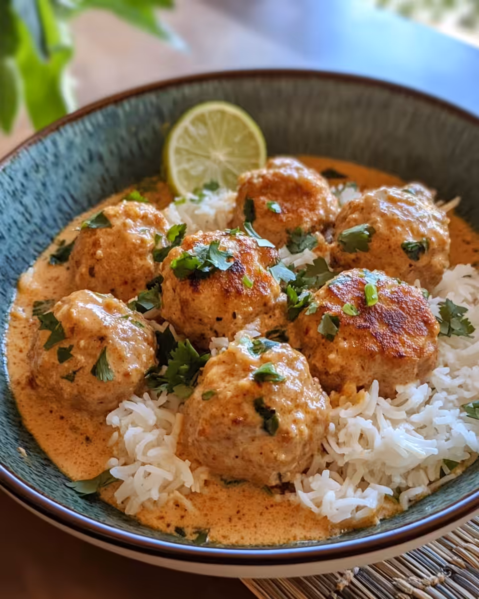 Fresh ingredients for Thai chicken meatballs including chicken, garlic, ginger, curry paste