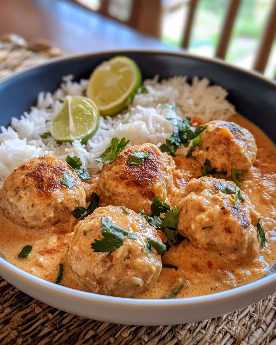 Served Thai chicken meatballs in coconut curry with rice and garnished with cilantro