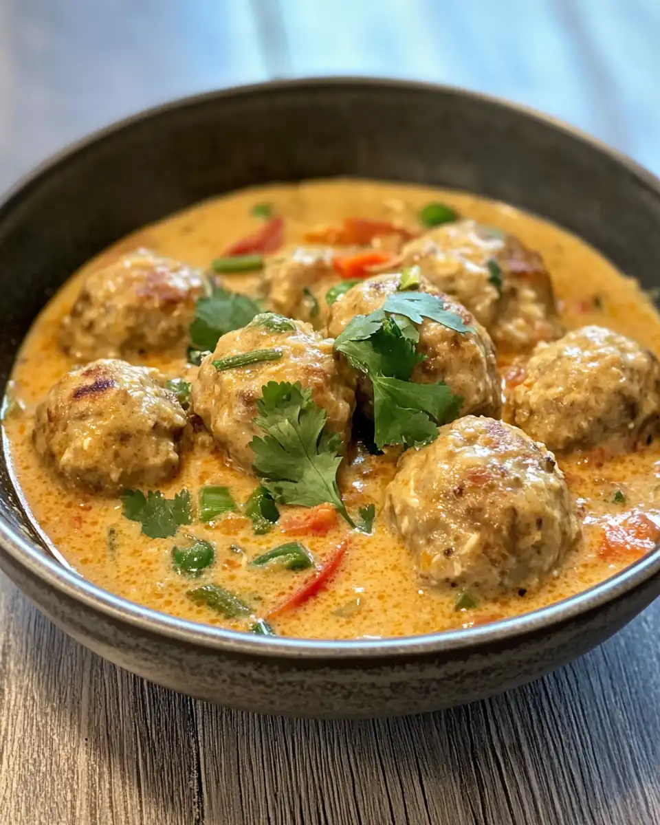 Ingredients for chicken curry meatballs spread out including coconut milk and curry paste