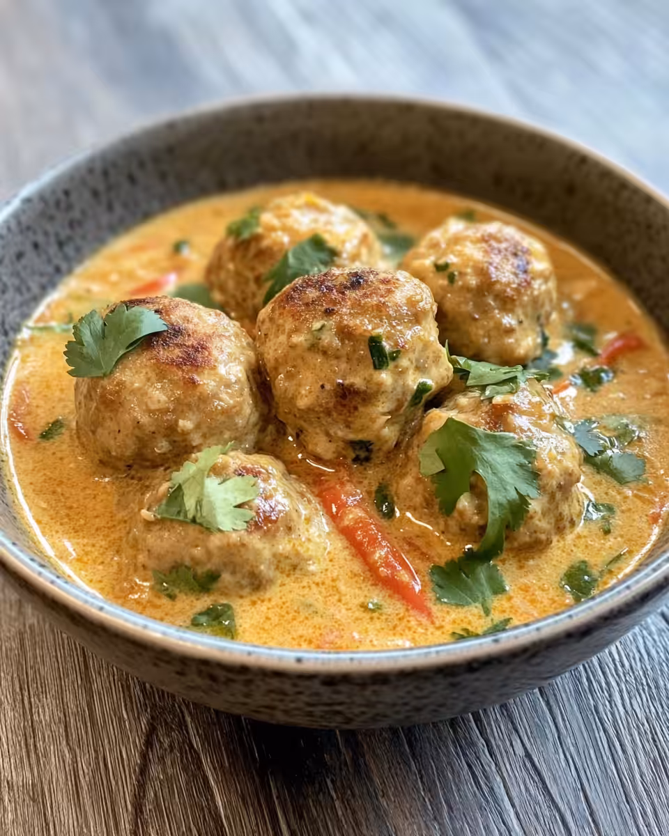Close up of juicy cooked Thai chicken meatballs covered in coconut curry sauce