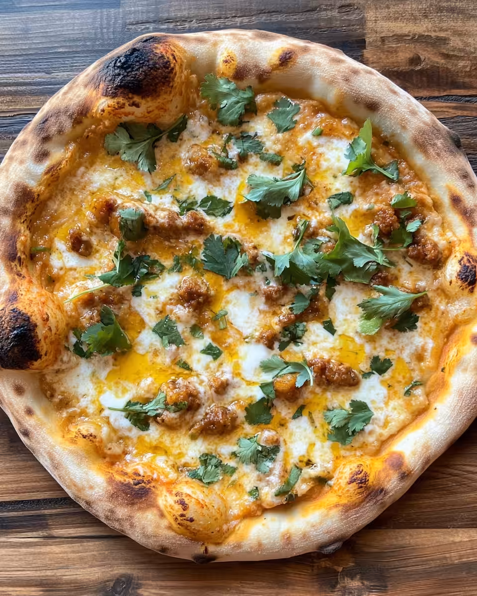 Baked Thai Curry Pizza cooling before garnishing with fresh herbs